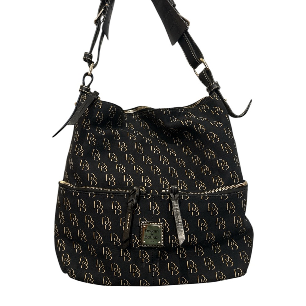 Dooney & Bourke Black and Gold Logo Hobo Bag DB leather durable purse handbag